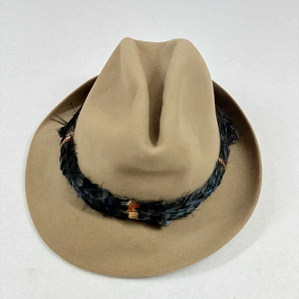 Vintage‎ Knox Jaguar Fedora Hat~ 7-1/8 Beige Feather Wrap Detail Classic